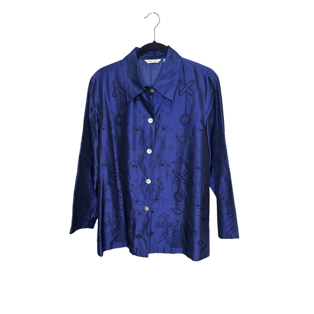 Laura Ashley 100% Silk Bead Accent Embroidered Blouse Purple Dressy Event Size S